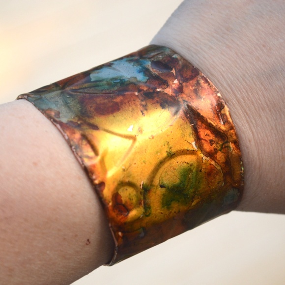 Abstract Copper Psychedelic Wide Cuff Bracelet Handmade Gift Colorful - Picture 2 of 8